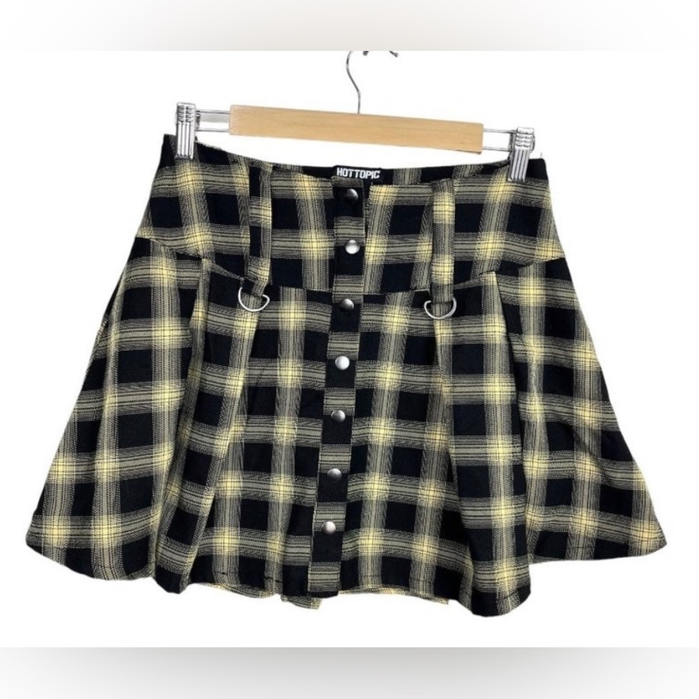 Hot Topic Plaid Skirt XL Black Yellow Skater Goth Mini Drop Waist Snap Front siz